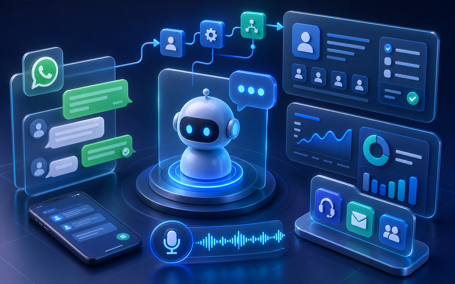 AI automation illustration with chatbot, CRM, voice assistant, and analytics workflow