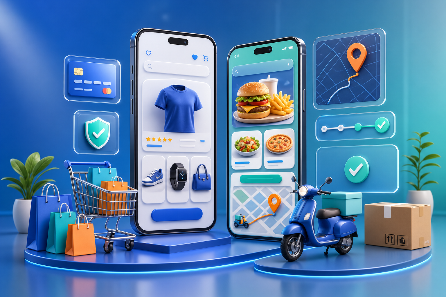 Mobile ecommerce and food delivery app illustration